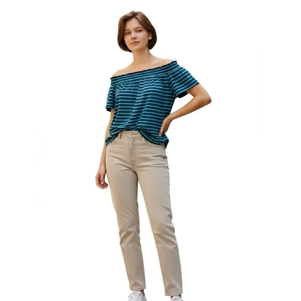 NWT Liz Claiborne Off Shoulder Stripe Top Blue Teal Boho Casual Stretch Blouse L